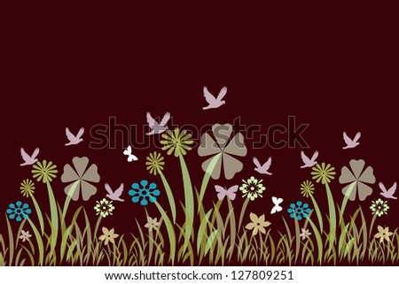 flowers and birds on red background