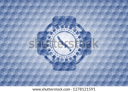combat knife icon inside blue hexagon badge.