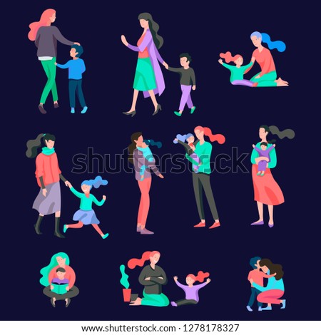 Vector people character. Mother and daughter spending time together, read a book and play, bathe the baby, walk and shopping. Colorful flat concept illustration.