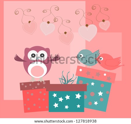 birthday party elements with cute owls, birds, hearts and flowers, raster