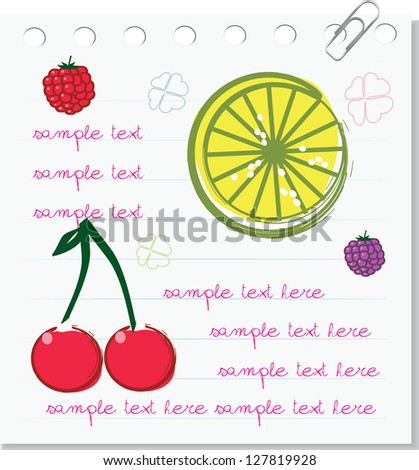 white note paper, invitation card with fruits