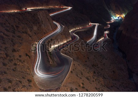 Road from Marrakech to Quarzazate, Dades Gorge Road, Todra Gorge and Dades, at night
