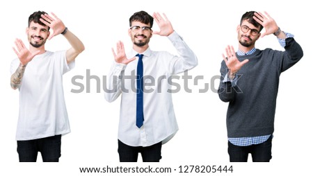Collage of young man over isolated background Smiling doing frame using hands palms and fingers, camera perspective