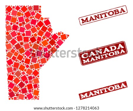 Geographic collage of dot mosaic map of Manitoba Province and red rectangle grunge stamp imprints. Vector map of Manitoba Province designed with red square mosaic items.