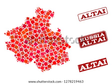 Geographic composition of dot mosaic map of Altai Republic and red rectangle grunge seal imprints. Vector map of Altai Republic formed with red square mosaic items.
