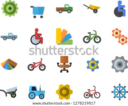 Color flat icon set wheelbarrow flat vector, cogwheel, color scheme, pickup truck, tractor, garden, grocery trolley, disabled, office chair, bicycle, fector, steering wheel