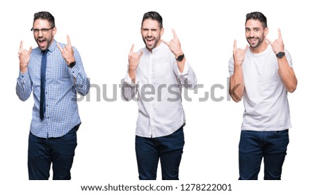 Collage of handsome business man over white isolated background shouting with crazy expression doing rock symbol with hands up. Music star. Heavy concept.