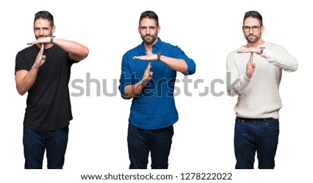 Collage of handsome man over white isolated background Doing time out gesture with hands, frustrated and serious face