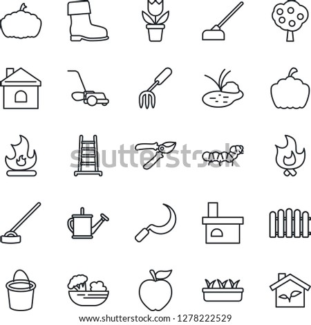 Thin Line Icon Set - flower in pot vector, garden fork, fence, ladder, watering can, bucket, pruner, boot, lawn mower, fire, house, seedling, hoe, sickle, pumpkin, fireplace, caterpillar, pond, eco