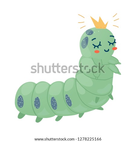 vector funny kids green caterpillar with crown on isolated white  background