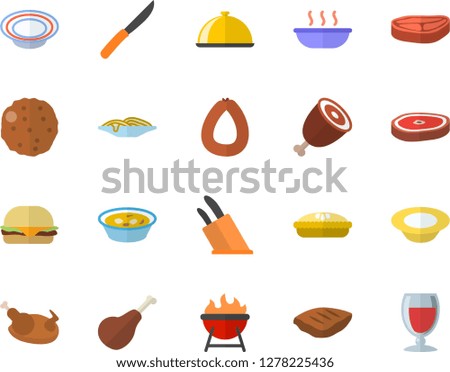 Color flat icon set knives flat vector, barbecue, dish, chop, ham, sausage, spaghetti, hamburger, soup, pie, chicken, cutlet, wine