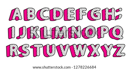 Cute black polka dots 3D english alphabet letters set. Vector LOL girly doll surprise style. Happy birthday banner text with hot pink shadow. Font design for girls name. Picture for birth invite card Royalty-Free Stock Photo #1278226684