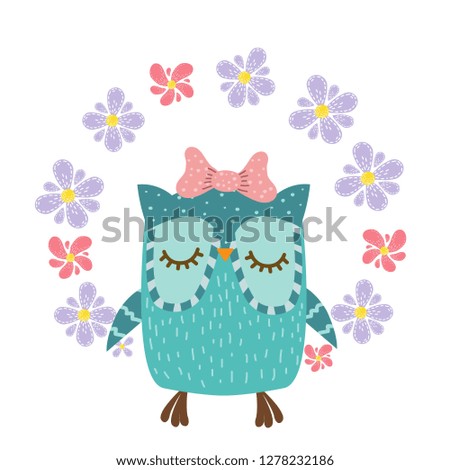 owls and flowers decorative sticker or print vector illustration