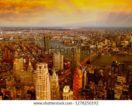 Brooklyn, Manhattan and Williamsburg Bridge at night, amazing aerial view of New York City - USA.