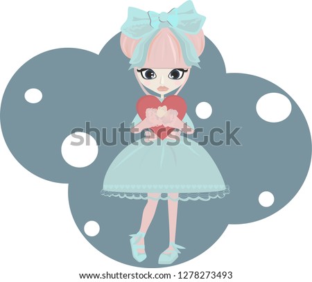beautiful, little doll. girl with big eyes. doll with a heart in his hands. Valentine's Day. kukly in a blue dress. doll with a bow on the head. doll with pink hair. Кукла в голубом платье, с розовыми