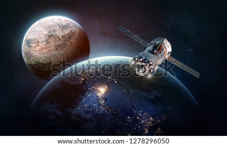 Earth, Mars and space ship in the solar system. Technology and civilization. Colonization. Elements of this image furnished by NASA