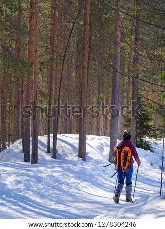Rear view of a woman walking on snow covered field in forest