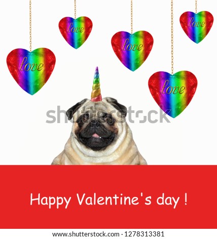 The dog unicorn is sitting next to color shiny hearts hanging on gold plated chains. Happy Valentine's Day. 