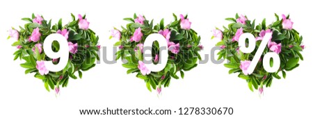 90% off discount promotion sale. concept idea banner, poster. decorative hearts laid out with fresh flowers on a white background