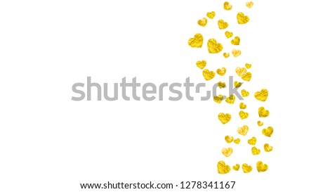 Valentines day heart with gold glitter sparkles. February 14th day. Vector confetti for valentines day heart template. Grunge hand drawn texture. Love theme for special business offer, banner, flyer.