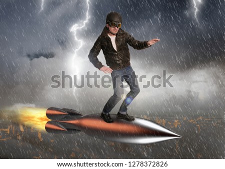 Savior in Distress flies over the city standing on a rocket during a storm