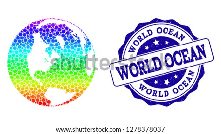 Dot spectrum map of global ocean and blue grunge round stamp seal. Vector geographic map in bright spectrum gradient colors on a white background.