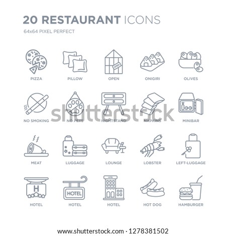 Collection of 20 Restaurant linear icons such as Pizza, Pillow, Hotel, Olives, Napkins, Lounge, Meat, No pets line icons with thin line stroke, vector illustration of trendy icon set.