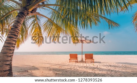 Perfect sunset beach panorama. Idyllic tropical beach landscape for background banner. Design of summer vacation holiday concept