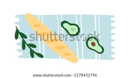 Picnic blanket with baguette and avocado. Summer hand drawn vector print