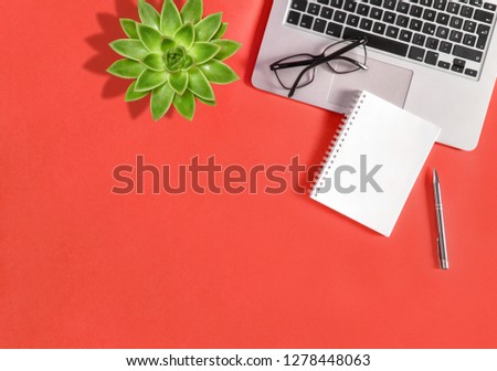 Office workplace flat lay. Laptop, notebook, green succulent plant on coral background