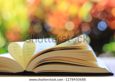 The book opens, and the book page rolls into the heart colorful background selective focus and shallow depth of field 