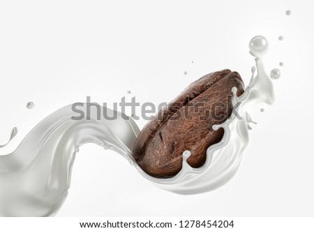 Milk wave splash with coffee bean splashing on it in the air. Isolated on white background.