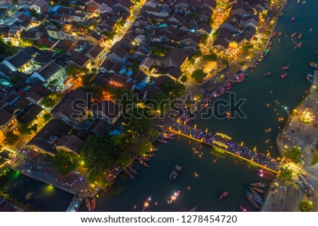Night view of Hoi An ancient town in the aerial view