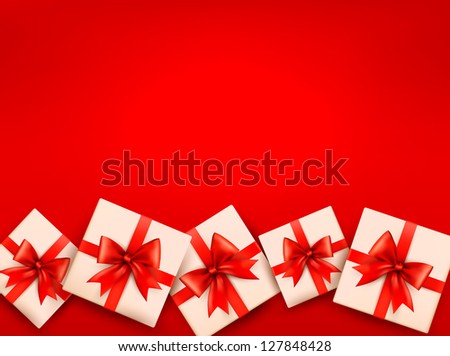 Red holiday background with gift boxes and red bow. Raster version