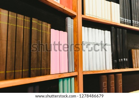 Shelves with fake books for decoration.