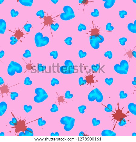 Seamless pattern of blue watercolor hearts of different size and burgundy spots, on a lavender background. Great for decorating fabrics, textiles, gift wrapping design, any printed materials.