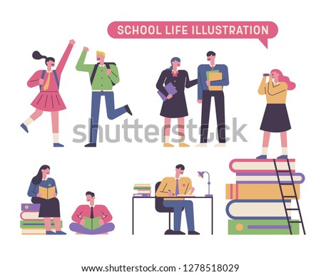 A variety of character sets for students studying hard concept illustration. flat design vector graphic style.