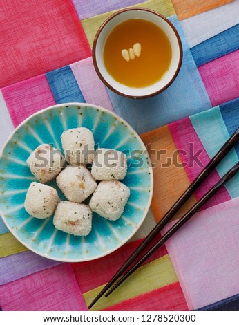 Asian food gyeongdan, rice ball cake and Sweet pumpkin  sikhye
