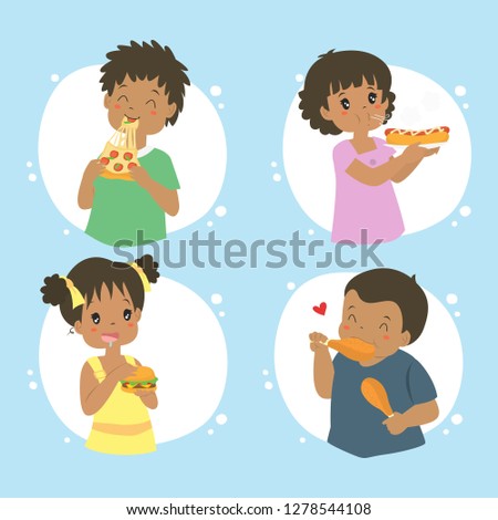 set of African American kids eating fast food vector. Kids eating fast food vector collection