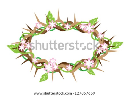An Illustration of Crown of Thorns with Fresh Green Leaves and Pink Flower from The Holy Land, Symbolizing Resurrection of Jesus