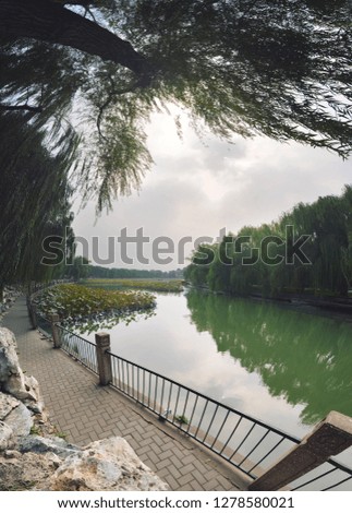 Tourists view of a vibrant and beautiful Chinese park. The sun shines and there is gray stone with green trees in this panoramic city park photography.