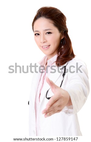 Friendly Asian doctor woman shake hand with you, closeup portrait isolated on white background.