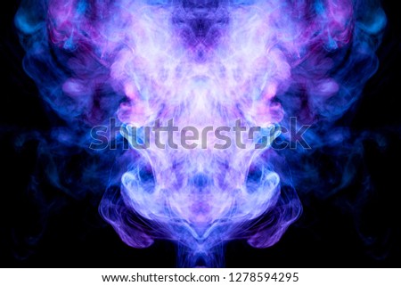 Fluffy Puffs  blue and purple smoke and Fog in the form of a skull, monster, dragon  on Black Background. Fantasy print for clothes: t-shirts, sweatshirts.

