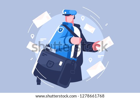 Postman with bag delivering letters vector illustation. Cartoon man in uniform holding mail flat style concept. Letters and mailman for profession and delivery service themes design Royalty-Free Stock Photo #1278661768