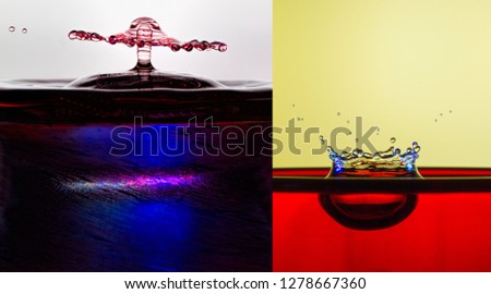 Collage of colorful water drop images with shapes formed using high speed flash photography