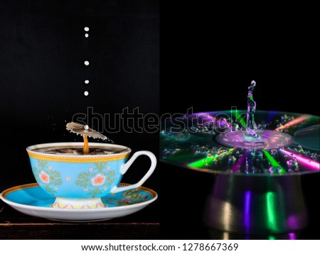 Collage of colorful water drop images with shapes formed using high speed flash photography