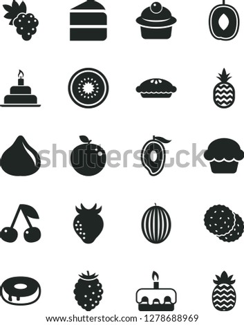 Solid Black Vector Icon Set - birthday cake vector, muffin, piece of, torte, with a hole, pie, pineapple, biscuit, cherry, grape, strawberry, fig, tasty raspberry, melon, half mango, delicious plum