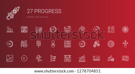 progress icons set. Collection of progress with bar chart, bar graph, sale, growth, analytics, percentage, graph, settings, setting, gear. Editable and scalable progress icons.