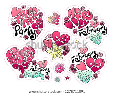 Valentine party set. Pink heart lettering. Happy valentine's day party. Party Valentines day. Isolate object on white. Stickers label path prints valentines day. Vintage vector illustration
