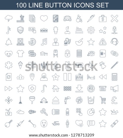 100 button icons. Trendy button icons white background. Included line icons such as battery, star, chat, add favorite, user, square root, showing tongue emot. button icon for web and mobile.